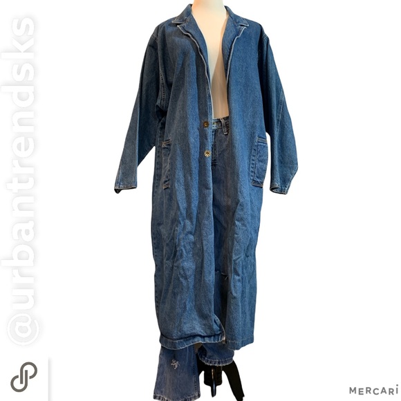 Vintage Full Length Denim trench jacket Chore Coat L/XL - Picture 2 of 5